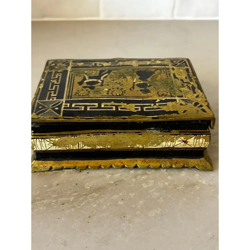 Vintage Brass & Black Lacquer Trinket Box Greek Key Classical Scene Jewelry Box
